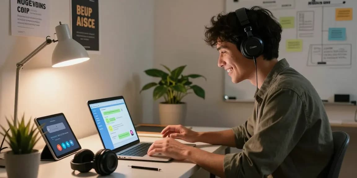 Engaging with crush on ai chatbot in a cozy home office setting, showcasing interaction with technology.
