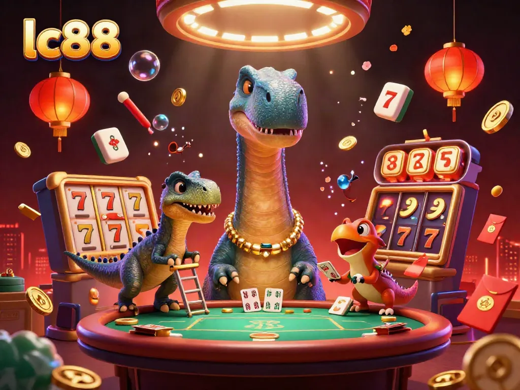 Experience excitement at lc88 with a vivid 3D illustration showcasing a brontosaurus in a casino setting.