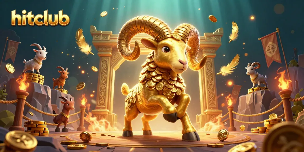 Hitclub showcases an epic casino battle scene with a golden ram amidst swirling golden tokens and vibrant casino elements.