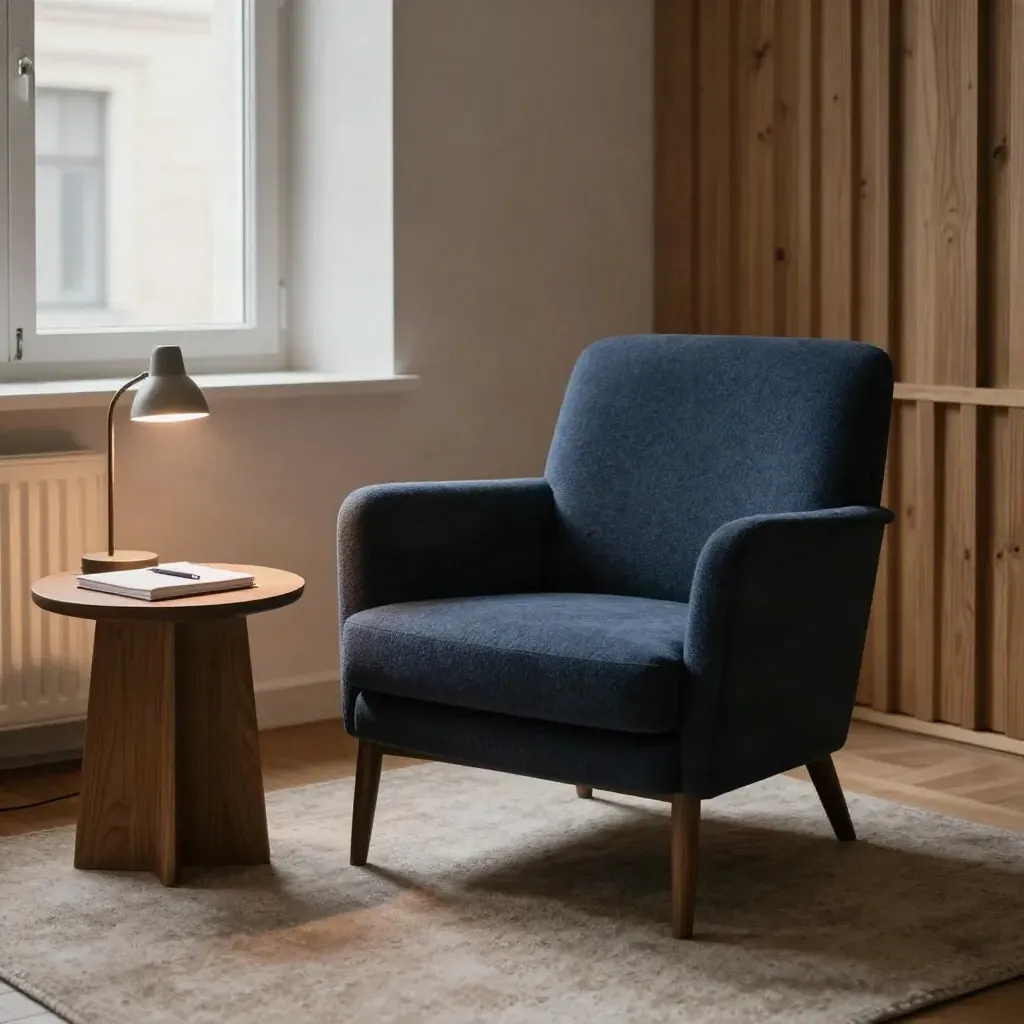 Tomt coachrum med fåtölj, sidobord, stängd anteckningsbok och lampa i mjukt dagsljus.