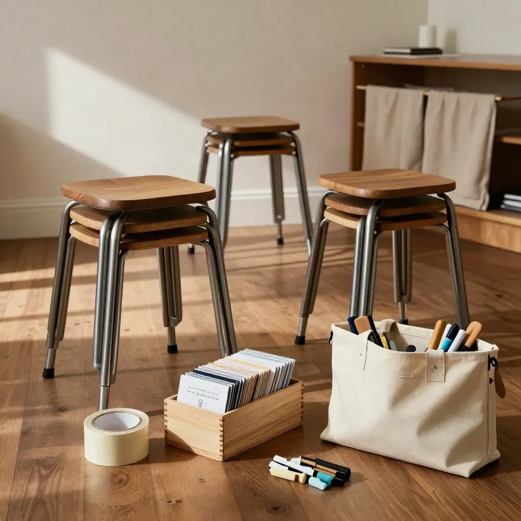 Workshopyta med staplade pallar, tejprulle och verktygsväska i varmt dagsljus.
