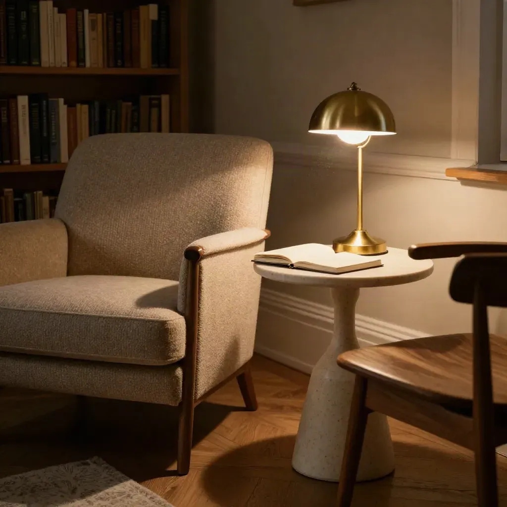 Ett mentorshörn med stol, mindre stol, bordslampa och stängd anteckningsbok i ett bibliotek.