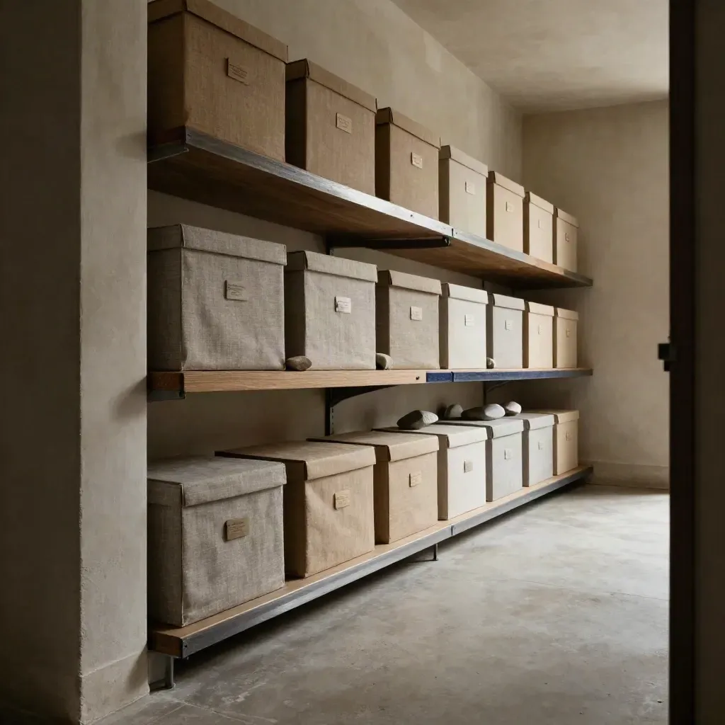 Arkivboxar, träplatta och stenmarkörer längs en vägg i ett mörkt processstöd-rum.
