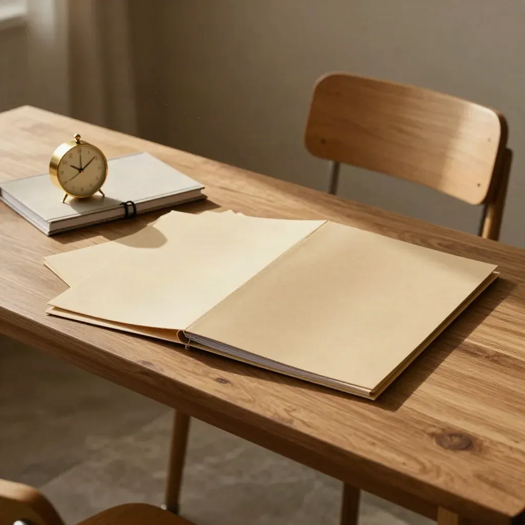 Förberett mentorskap: mappar, stängd notebook, klocka och tom stol i mjukt solljus.