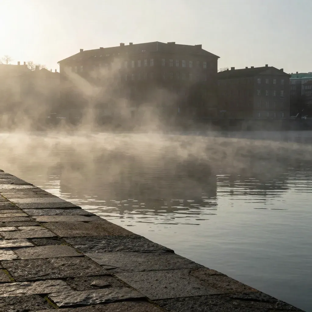 Stockholms vattenlinje i morgondimma med Gamla stan högt i bild.