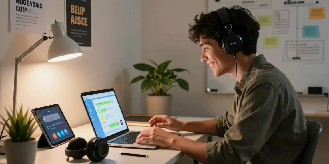 Engaging with crush on ai chatbot in a cozy home office setting, showcasing interaction with technology.