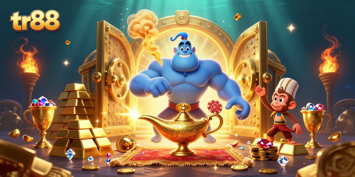 Join the excitement at tr88 with a dynamic illustration of a genie, monkey, and poker chips in a magical setting.