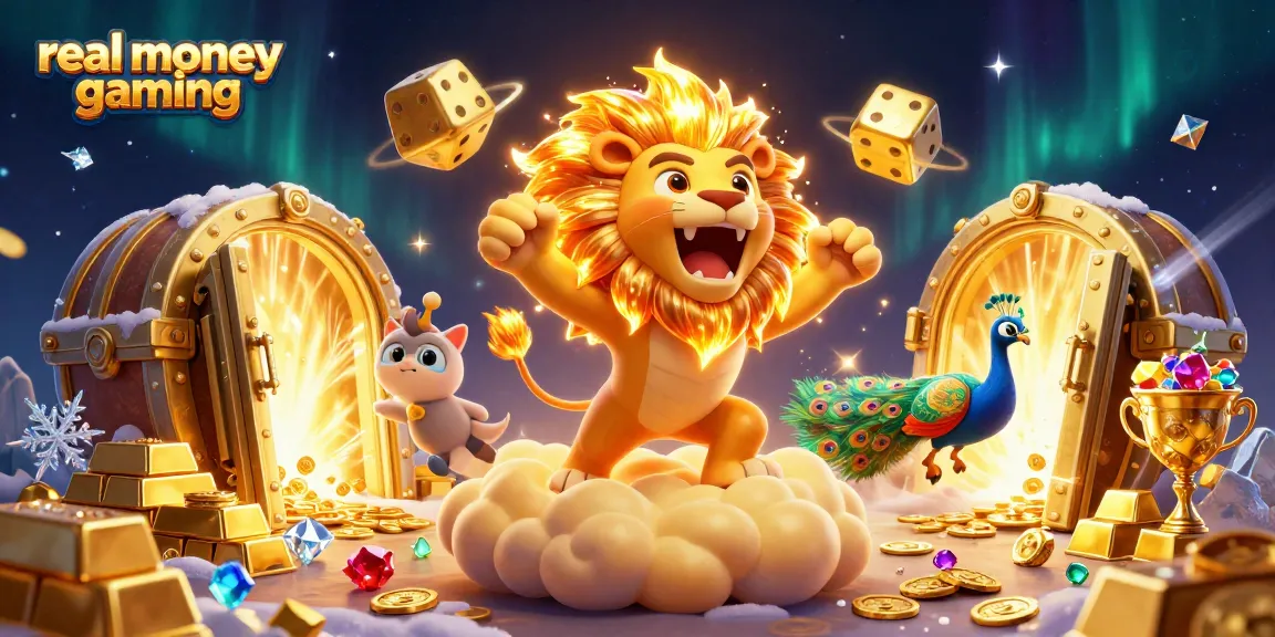 Experience real money gaming excitement with roaring lion and tumbling dice in a treasure-filled scene.