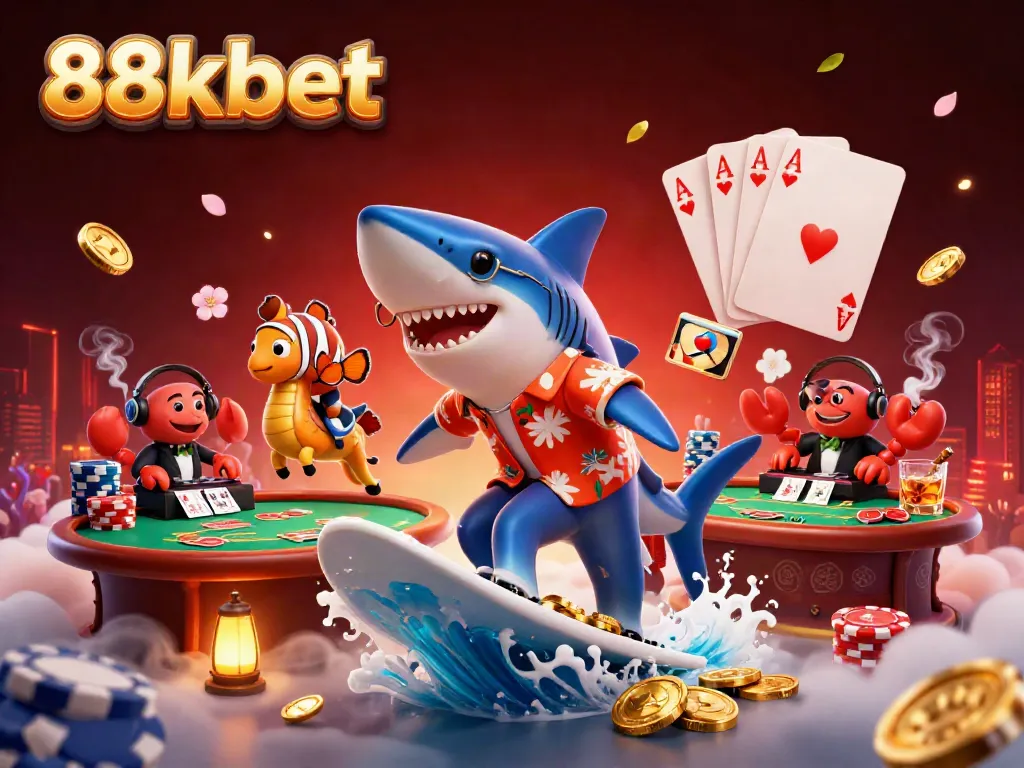 Engage with the vibrant gaming world of 88kbet as characters surf on gold coins amidst thrilling casino action.