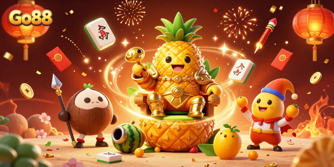 Experience thrilling wins at Go88 with our vibrant casino-themed illustration featuring a golden pineapple king.