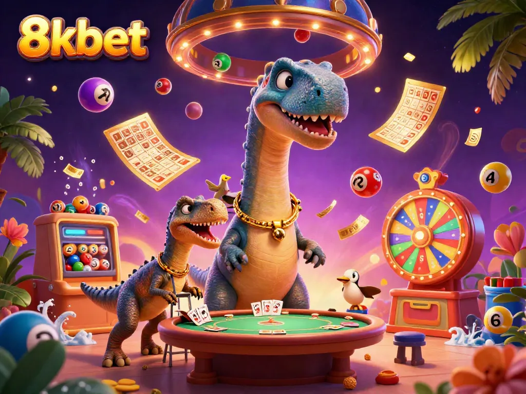8xbet offers dynamic gaming with colorful lottery balls and a playful dinosaur scene in a vibrant casino.