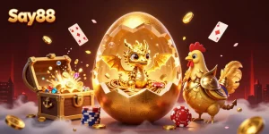 Engage with the vibrant world of Say88 as a golden dragon emerges from a nest of poker chips.