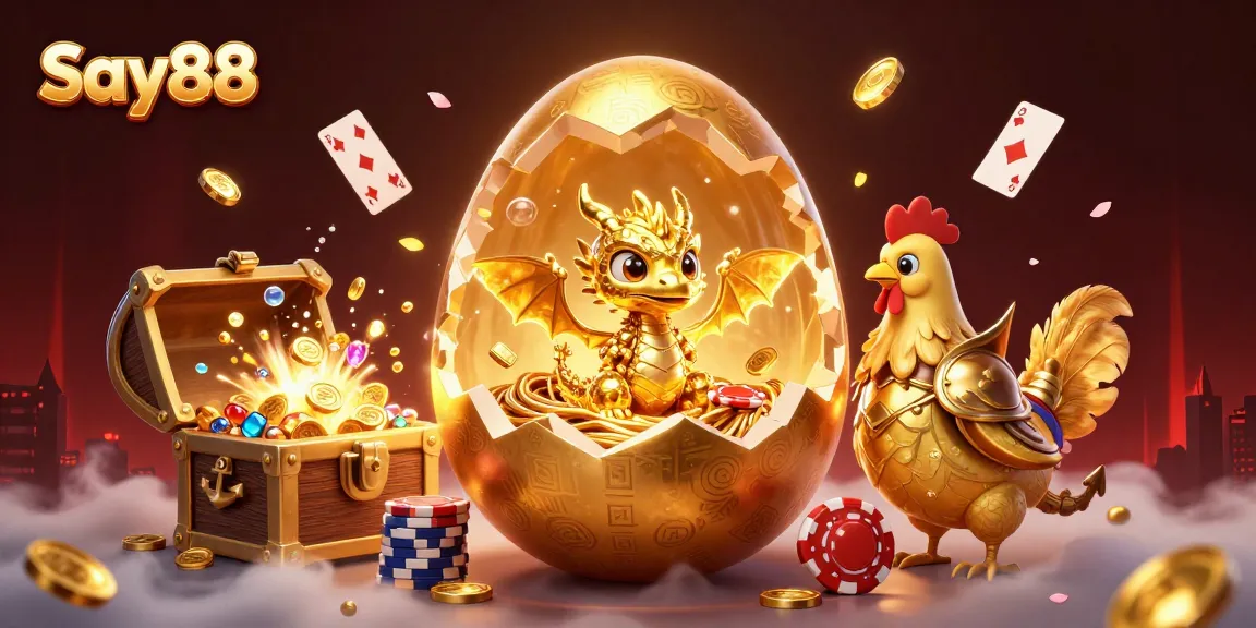 Engage with the vibrant world of Say88 as a golden dragon emerges from a nest of poker chips.