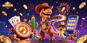 Experience thrilling gameplay at sumclub with a playful dinosaur and exciting casino elements.