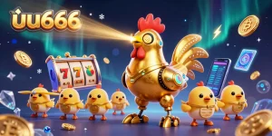 Experience the thrilling action of uu666 slots with dynamic golden rooster robot and baby chick drones.
