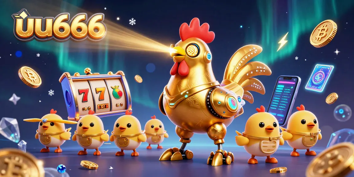 Experience the thrilling action of uu666 slots with dynamic golden rooster robot and baby chick drones.