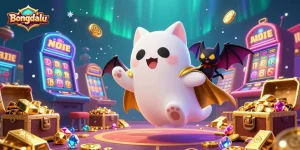 Bongdalu showcases a friendly ghost cat enjoying the casino environment, surrounded by shimmering gems and treasures, enhancing the gambling experience.