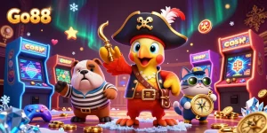 Experience the thrilling adventure of Go88 with pirate characters surrounded by colorful casino elements.