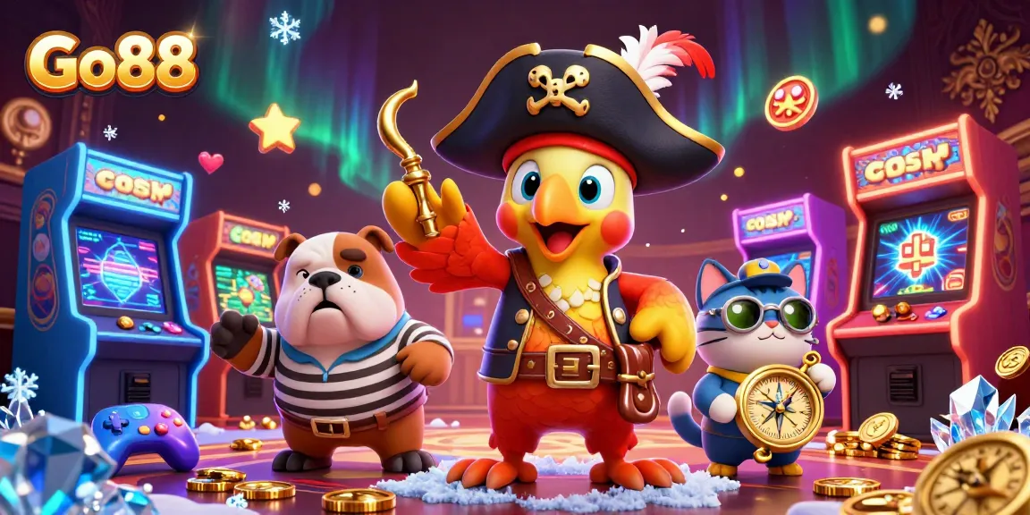 Experience the thrilling adventure of Go88 with pirate characters surrounded by colorful casino elements.