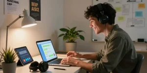 Engaging with crush on ai chatbot in a cozy home office setting, showcasing interaction with technology.