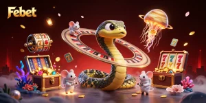 Immerse in Febet's thrilling slots experience with casino elements and a dynamic cosmic scene.