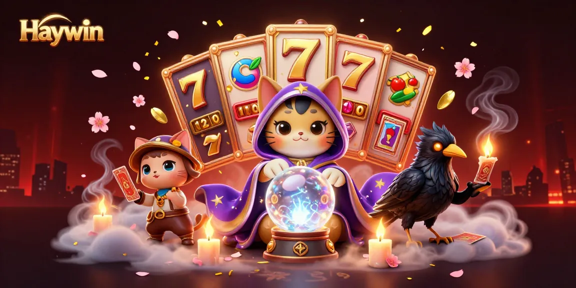 Haywin immersive casino scene showcasing a mystic cat, glowing raven, and dynamic slot reels.