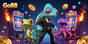 Spin the reels with Go88's thrilling slot character scene filled with vibrant gaming elements.