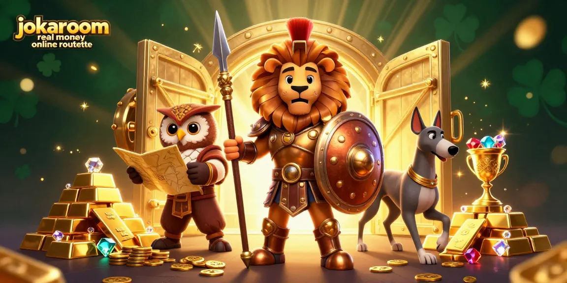Win in jokaroom real money online roulette with a golden treasure scene filled with characters and gaming elements.