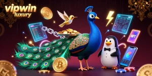 Experience the thrill with vipwin luxury in a vibrant casino scene featuring a peacock and penguin.
