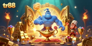 Join the excitement at tr88 with a dynamic illustration of a genie, monkey, and poker chips in a magical setting.